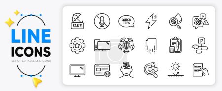 Illustration for No microphone, Recovery file and Accounting line icons set for app include Eco organic, Chemistry lab, Charging parking outline thin icon. Monitor, Computer, Web settings pictogram icon. Vector - Royalty Free Image