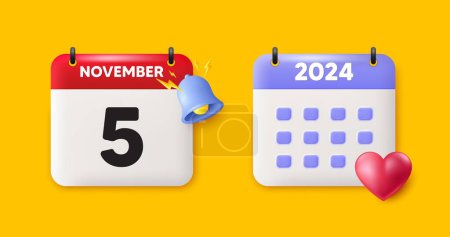Illustration for Calendar date 3d icon. 5th day of the month icon. Event schedule date. Meeting appointment time. 5th day of November month. Calendar event reminder date. Vector - Royalty Free Image