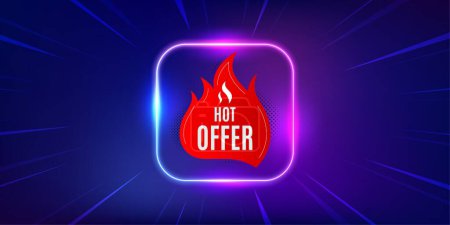 Illustration for Hot offer banner. Neon light frame offer banner. Discount sticker shape. Coupon tag icon. Hot offer promo event flyer, poster. Sunburst neon coupon. Flash special deal. Vector - Royalty Free Image