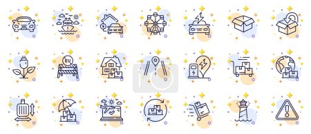 Illustration for Outline set of Airplane travel, Ship travel and Delivery cart line icons for web app. Include Inventory cart, Warning, Car pictogram icons. International delivery, Charging station. Vector - Royalty Free Image