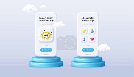 Illustration for Boom sale sticker. Phone mockup on podium. Product offer 3d pedestal. Discount banner shape. Coupon bubble icon. Background with 3d clouds. Boom sale promotion message. Vector - Royalty Free Image