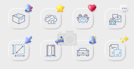 Illustration for Square area, Open door and Office box line icons. Buttons with 3d bell, chat speech, cursor. Pack of Co2, Car wash, Floor plan icon. Builders union, Strategy pictogram. For web app, printing. Vector - Royalty Free Image