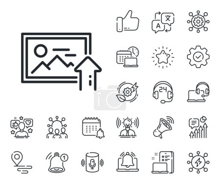 Illustration for Image thumbnail sign. Place location, technology and smart speaker outline icons. Upload photo line icon. Picture placeholder symbol. Upload photo line sign. Influencer, brand ambassador icon. Vector - Royalty Free Image
