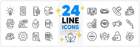 Illustration for Icons set of Security statistics, Restaurant app and Analytics graph line icons pack for app with Refrigerator, Share call, Ranking thin outline icon. Lock, Chemistry pipette. Vector - Royalty Free Image
