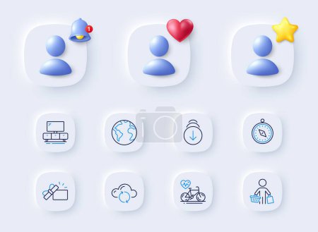 Illustration for Travel compass, World planet and Buyer line icons. Placeholder with 3d bell, star, heart. Pack of Opened gift, Cloud sync, Tv stand icon. Cardio bike, Scroll down pictogram. Vector - Royalty Free Image