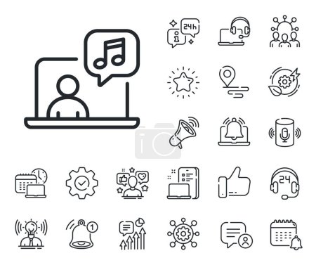 Illustration for Studio record sign. Place location, technology and smart speaker outline icons. Music line icon. Listen audio symbol. Music line sign. Influencer, brand ambassador icon. Support, online offer. Vector - Royalty Free Image