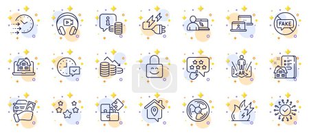 Illustration for Outline set of Stars, Fake news and Select alarm line icons for web app. Include Security network, Info, Property agency pictogram icons. Electricity plug, Rent car, Online education signs. Vector - Royalty Free Image