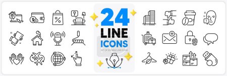Illustration for Icons set of Face attention, Touchscreen gesture and Paint roller line icons pack for app with Winner cup, Takeaway coffee, Microphone thin outline icon. Connecting flight, Lounge. Vector - Royalty Free Image