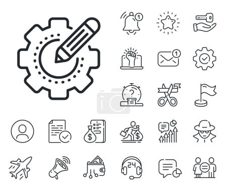Illustration for Cogwheel with star sign. Salaryman, gender equality and alert bell outline icons. Settings gear line icon. Edit working process symbol. Settings gear line sign. Vector - Royalty Free Image