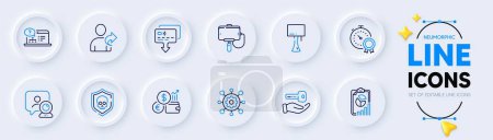 Illustration for Video conference, Best result and Online help line icons for web app. Pack of Cyber attack, Framework, Report pictogram icons. Table lamp, Refer friend, Currency rate signs. Selfie stick. Vector - Royalty Free Image