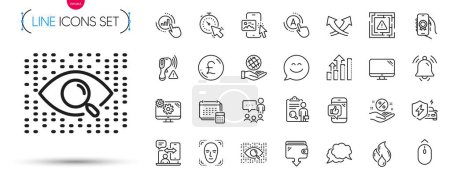 Illustration for Pack of People chatting, Intersection arrows and Inspect line icons. Include Account, Analysis graph, Chat message pictogram icons. Flammable fuel, Wallet, Face detection signs. Swipe up. Vector - Royalty Free Image