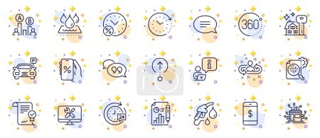 Illustration for Outline set of Time change, Recruitment and 360 degrees line icons for web app. Include Waterproof, Seo stats, Swipe up pictogram icons. 24h delivery, Report document, Approved agreement signs. Vector - Royalty Free Image