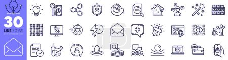 Illustration for Compliance, Light bulb and Charging time line icons pack. Inspect, User info, Elastic material web icon. Share idea, Leadership, Magic wand pictogram. Artificial intelligence. Vector - Royalty Free Image