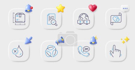 Illustration for Video conference, Inspect and Package size line icons. Buttons with 3d bell, chat speech, cursor. Pack of Cursor, Leaves, Love letter icon. 24h service, No waterproof pictogram. Vector - Royalty Free Image