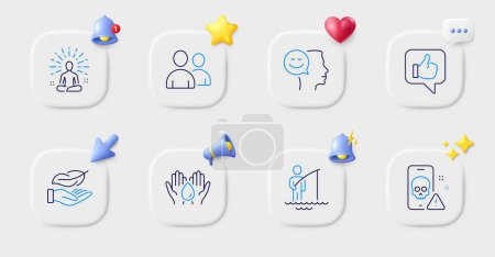 Illustration for Users, Fisherman and Like line icons. Buttons with 3d bell, chat speech, cursor. Pack of Lightweight, Yoga, Good mood icon. Safe water, Cyber attack pictogram. For web app, printing. Vector - Royalty Free Image
