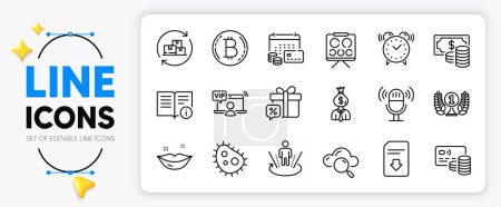 Illustration for Delivery change, Laureate award and Lips line icons set for app include Coins banknote, Vip access, Sale gift outline thin icon. Alarm clock, Manager, Vision board pictogram icon. Vector - Royalty Free Image