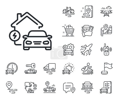Illustration for Home car charger sign. Plane, supply chain and place location outline icons. Charging station line icon. Electric power symbol. Home charging line sign. Taxi transport, rent a bike icon. Vector - Royalty Free Image
