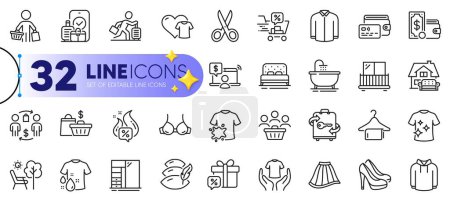 Illustration for Outline set of Bra, Skirt and Clean t-shirt line icons for web with Wallet money, Shoes, Hoody thin icon. Buyer, Cut, Wallet pictogram icon. Travel delay, Buyers, Hot offer. Vector - Royalty Free Image