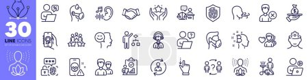 Illustration for Remove account, Person info and Fingerprint line icons pack. Delegate question, Ranking, Business meeting web icon. Medical mask, Couple, Man love pictogram. Brain working. Vector - Royalty Free Image