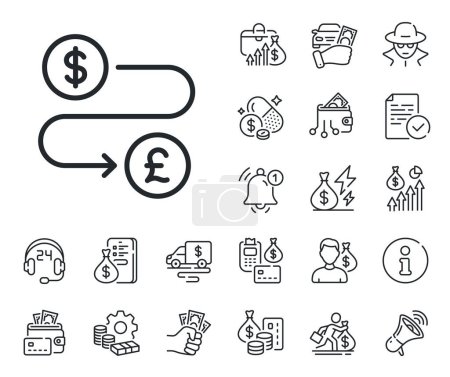 Illustration for Cash exchange sign. Cash money, loan and mortgage outline icons. Money transfer line icon. Dollar to Pound change symbol. Money transfer line sign. Credit card, crypto wallet icon. Vector - Royalty Free Image