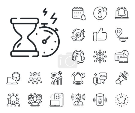 Illustration for Stopwatch time sign. Place location, technology and smart speaker outline icons. Hourglass timer line icon. Countdown clock symbol. Hourglass timer line sign. Influencer, brand ambassador icon. Vector - Royalty Free Image