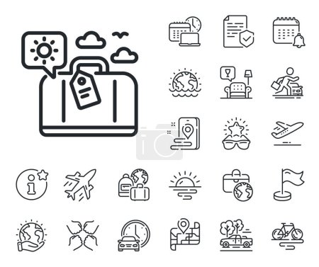 Illustration for Trip bag sign. Plane jet, travel map and baggage claim outline icons. Travel luggage line icon. Holidays case symbol. Travel luggage line sign. Car rental, taxi transport icon. Place location. Vector - Royalty Free Image