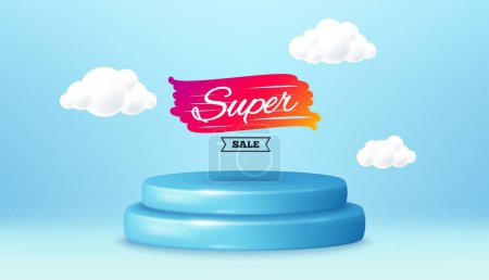 Illustration for Super sale banner. Winner podium 3d base. Product offer pedestal. Discount banner shape. Coupon bubble icon. Super sale promotion message. Background with 3d clouds. Vector - Royalty Free Image