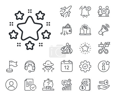 Illustration for Best ranking sign. Salaryman, gender equality and alert bell outline icons. Stars line icon. Firework symbol. Stars line sign. Spy or profile placeholder icon. Online support, strike. Vector - Royalty Free Image