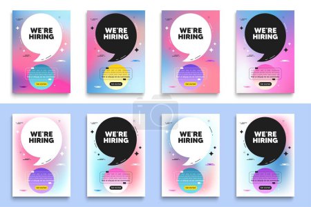 Illustration for We are hiring tag. Poster frame with quote. Recruitment agency sign. Hire employees symbol. Hiring flyer message with comma. Gradient blur background posters. Vector - Royalty Free Image