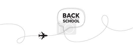 Illustration for Back to school tag. Plane travel path line banner. Education offer. End of vacation slogan. Back to school speech bubble message. Plane location route. Dashed line. Vector - Royalty Free Image