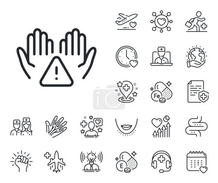 Illustration for Sanitary cleaning sign. Online doctor, patient and medicine outline icons. Clean hands line icon. Washing hands symbol. Clean hands line sign. Veins, nerves and cosmetic procedure icon. Vector - Royalty Free Image