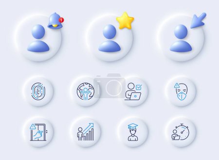Illustration for Employee result, Online voting and Dont touch line icons. Placeholder with 3d cursor, bell, star. Pack of Global business, Timer, Fingerprint icon. Medical mask, Student pictogram. Vector - Royalty Free Image