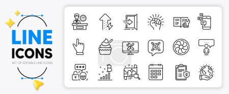 Ilustración de Mapa de búsqueda, Click hand and Fan engine line icons set for app include Cyber attack, Entrance, Empower outline thin icon. Reparación, crecimiento de energía, icono de pictograma de código Qr. Política de privacidad. Vector - Imagen libre de derechos