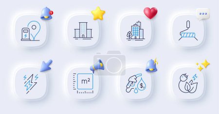 Illustration for Petrol station, Green energy and University campus line icons. Buttons with 3d bell, chat speech, cursor. Pack of Square meter, Buildings, Paint roller icon. Vector - Royalty Free Image