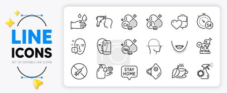 Illustration for Face attention, Electronic thermometer and Microscope line icons set for app include Vitamin, Medical mask, Stay home outline thin icon. Wash hands, Mint tea, Face scanning pictogram icon. Vector - Royalty Free Image