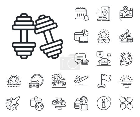 Illustration for Workout equipment sign. Plane jet, travel map and baggage claim outline icons. Dumbbells line icon. Gym fit symbol. Dumbbells line sign. Car rental, taxi transport icon. Place location. Vector - Royalty Free Image