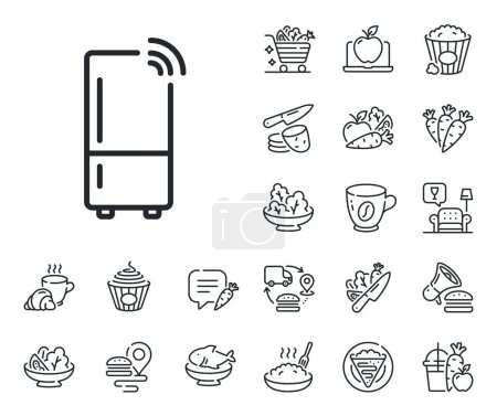 Illustration for Fridge sign. Crepe, sweet popcorn and salad outline icons. Refrigerator with wifi function line icon. Freezer storage symbol. Refrigerator line sign. Pasta spaghetti, fresh juice icon. Vector - Royalty Free Image