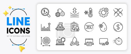 Illustration for Calendar, Timer and Efficacy line icons set for app include Water splash, Fake internet, Circle area outline thin icon. Squad, Freezing water, Low thermometer pictogram icon. Vector - Royalty Free Image
