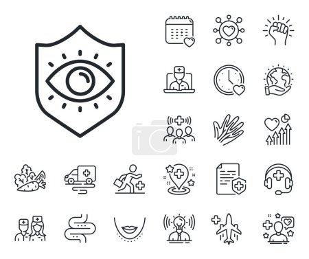 Illustration for Oculist clinic sign. Online doctor, patient and medicine outline icons. Eye protection line icon. Optometry vision symbol. Eye protection line sign. Veins, nerves and cosmetic procedure icon. Vector - Royalty Free Image