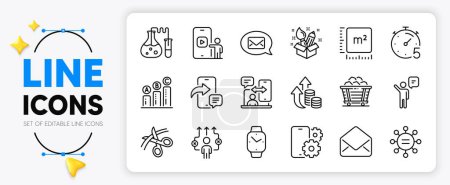 Illustration for Business way, Square meter and Scissors line icons set for app include Ethics, Graph chart, Phone service outline thin icon. Chemistry lab, Phone timing, Mail pictogram icon. Creativity. Vector - Royalty Free Image