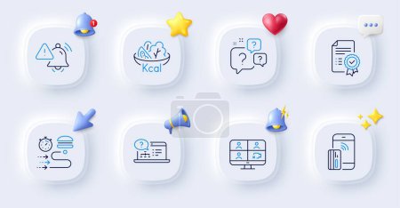 Illustration for Certificate, Question bubbles and Food delivery line icons. Buttons with 3d bell, chat speech, cursor. Pack of Salad, Contactless payment, Video conference icon. Vector - Royalty Free Image