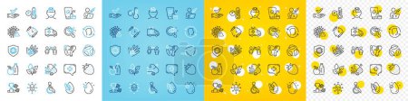 Illustration for Vector icons set of Fahrenheit thermometer, Sunscreen and Face biometrics line icons pack for web with Face id, Healthy food, Vaccination schedule outline icon. Veins, Leaves, Stress pictogram. Vector - Royalty Free Image