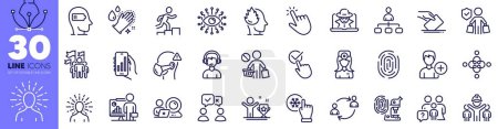Illustration for Washing hands, Fingerprint research and Video conference line icons pack. Fraud, Fingerprint, Yoga web icon. Analysis app, Buyer insurance, Engineering team pictogram. Checkbox. Vector - Royalty Free Image