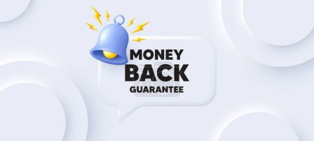 Illustration for Money back guarantee tag. Neumorphic background with chat speech bubble. Promo offer sign. Advertising promotion symbol. Money back guarantee speech message. Banner with bell. Vector - Royalty Free Image