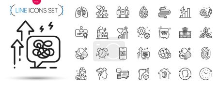 Illustration for Pack of Nurse, Ethics and Fingerprint line icons. Include Mindfulness stress, Artificial colors, Intestine pictogram icons. Account, Quick tips, Certificate signs. Qr code, Lungs. Vector - Royalty Free Image