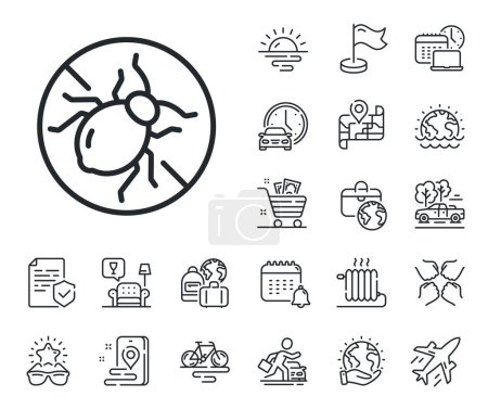 Illustration for Hypoallergenic sign. Plane jet, travel map and baggage claim outline icons. Mattress bed bugs line icon. Anti-allergic symbol. Bed bugs line sign. Car rental, taxi transport icon. Vector - Royalty Free Image