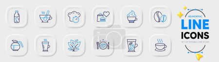 Illustration for Leaf, Coffeepot and Romantic dinner line icons for web app. Pack of Food donation, Cooking timer, Latte pictogram icons. Cappuccino, Cappuccino cream, Coffee beans signs. Mint leaves. Vector - Royalty Free Image