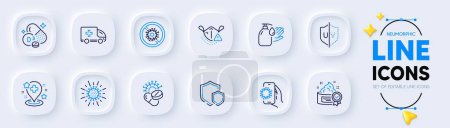 Illustration for Stop coronavirus, Uv protection and Covid app line icons for web app. Pack of Coronavirus pills, Hospital, Medical mask pictogram icons. Cream, Shields, Wash hands signs. Neumorphic buttons. Vector - Royalty Free Image