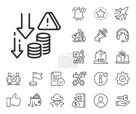 Illustration for Economic crisis sign. Salaryman, gender equality and alert bell outline icons. Deflation line icon. Income reduction symbol. Deflation line sign. Spy or profile placeholder icon. Vector - Royalty Free Image