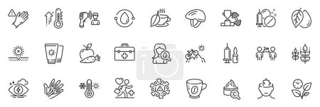 Illustration for Icons pack as Stress, Coronavirus and Mental conundrum line icons for app include Medical drugs, Mountain bike, High thermometer outline thin icon web set. Use gloves, Sunscreen. Vector - Royalty Free Image